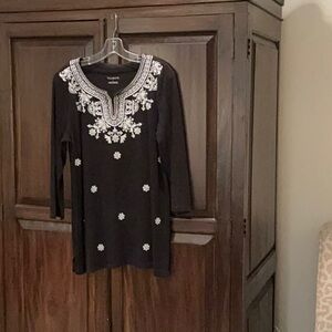Talbots Black Tunic with White Embroidery